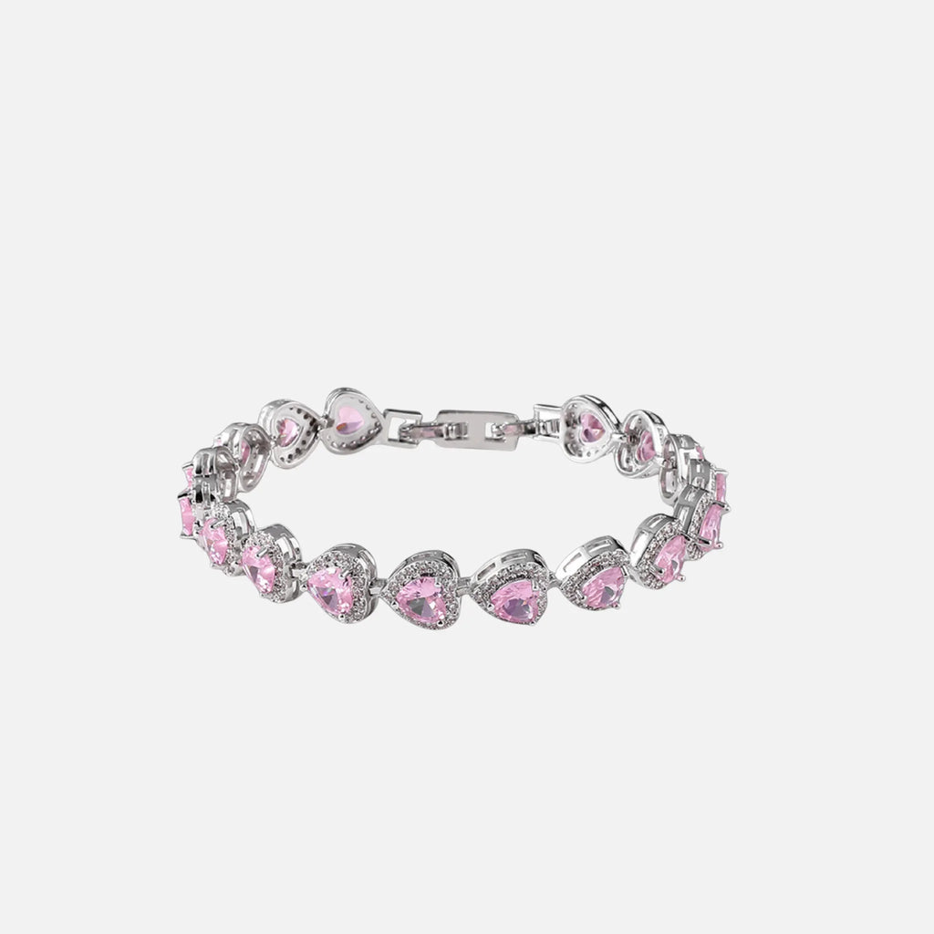 Pink Heart Crystal Bracelet - Silver