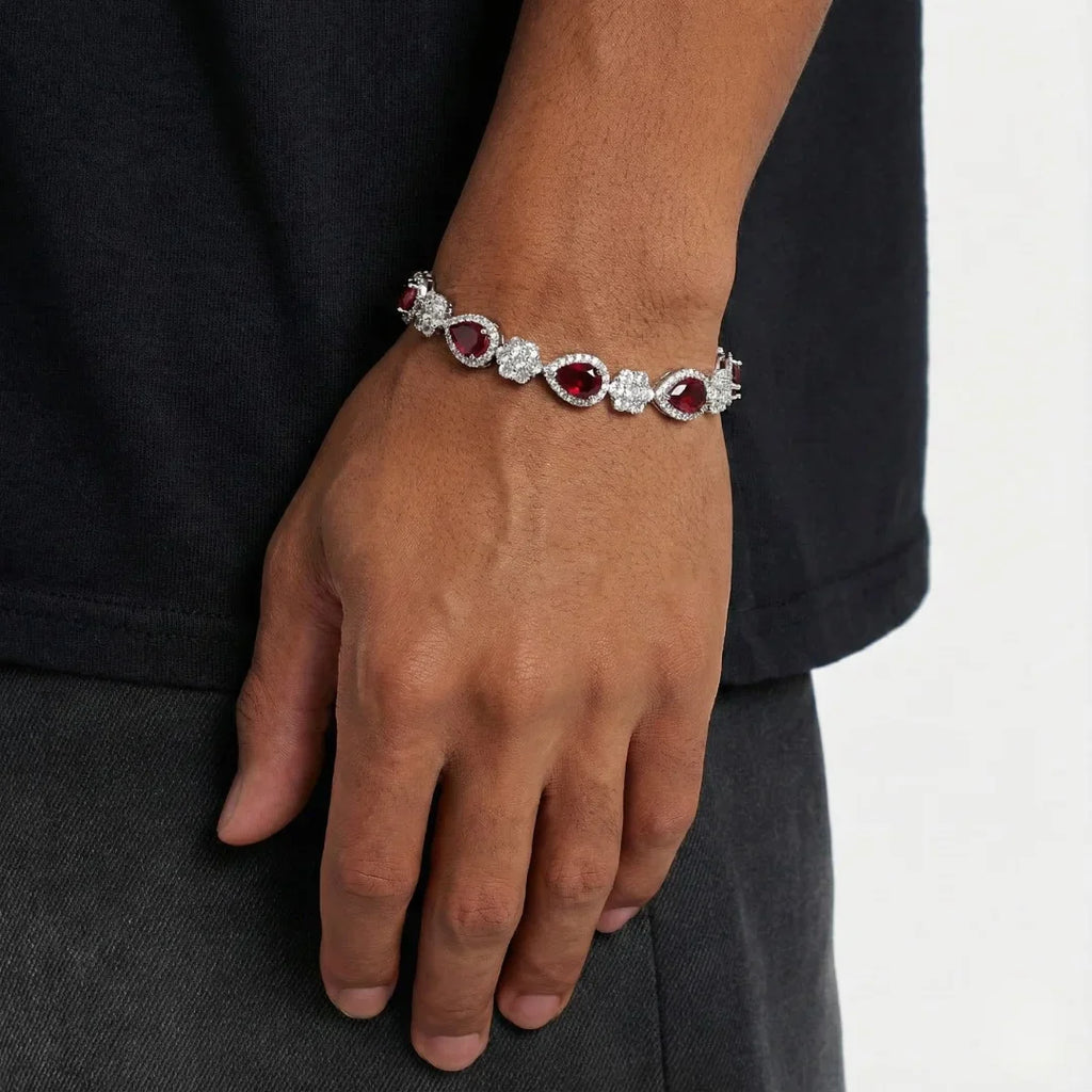 Red Blossom Drop Bracelet - Silver